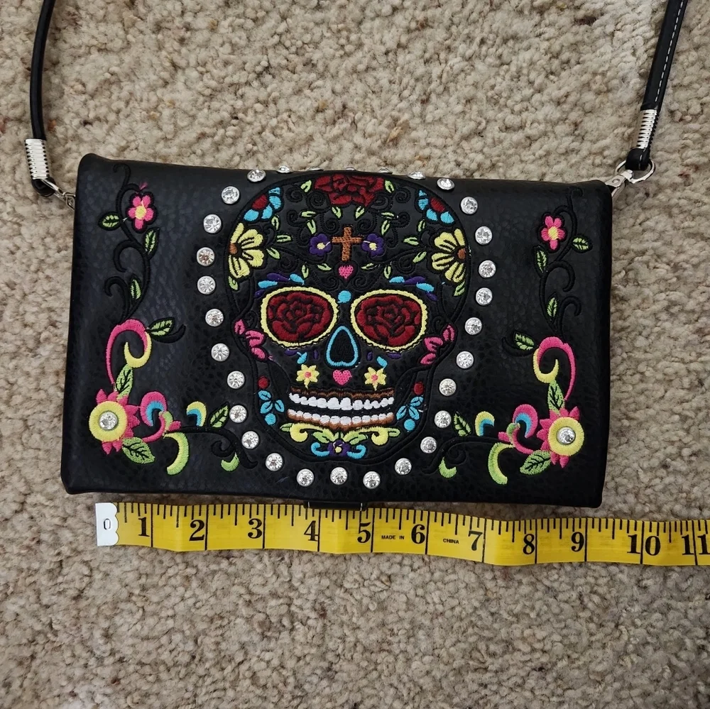 Dia De Muertos Halloween Rhinestone Skull‎ Embroidery Strappy Purse